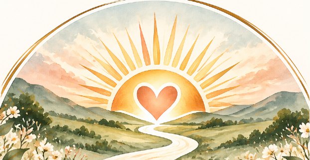 A watercolor sun with a heart rising over green hills, a winding path leading toward it